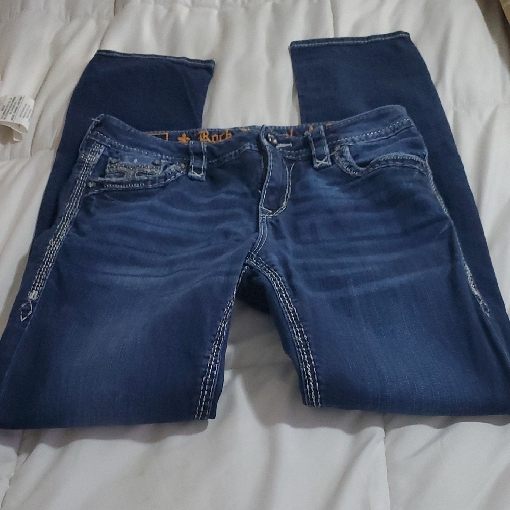 Rock Revival Blue Easy Straight Jeans with Intricate Stitching - Picture 8 of 15